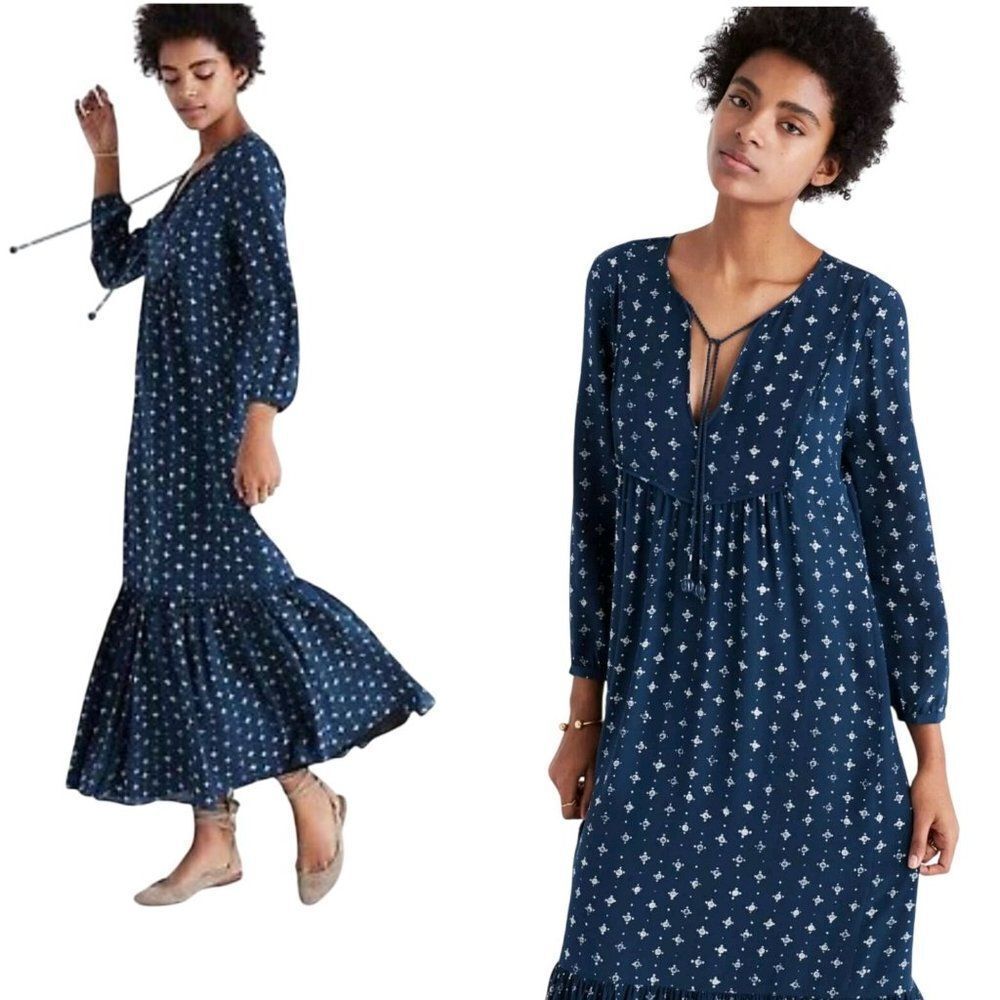 Madewell Womens Silk Medallion Dot Maxi Dress Blue Sz 4‎ Tiered Flowy Modest